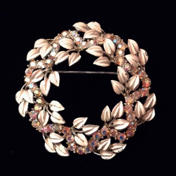 Vintage Jewelry - Vintage Enamel Leaf Rhinestone Brooch